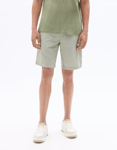 Celio Yarn Dyed Regular Fit Cotton-Linen-Blend Green Shorts