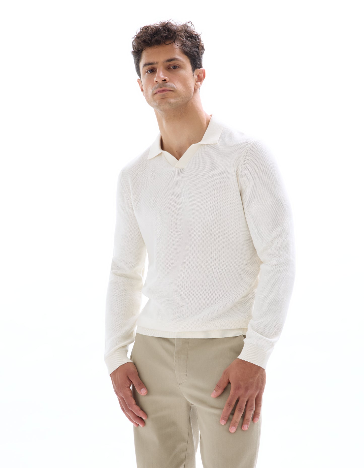 Regular Fit 100% Cotton Polo Collar Sweater - Off White