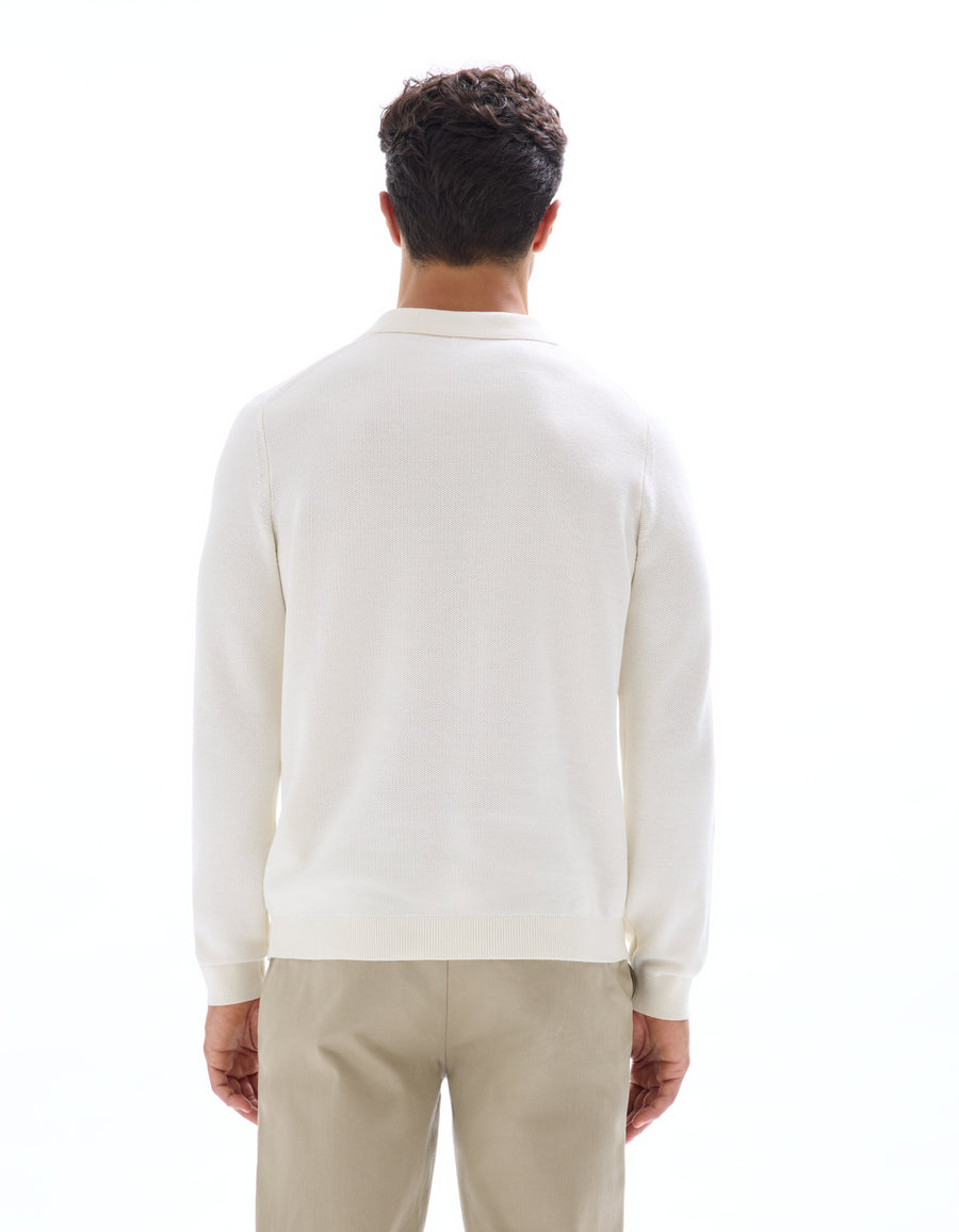 Regular Fit 100% Cotton Polo Collar Sweater - Off White
