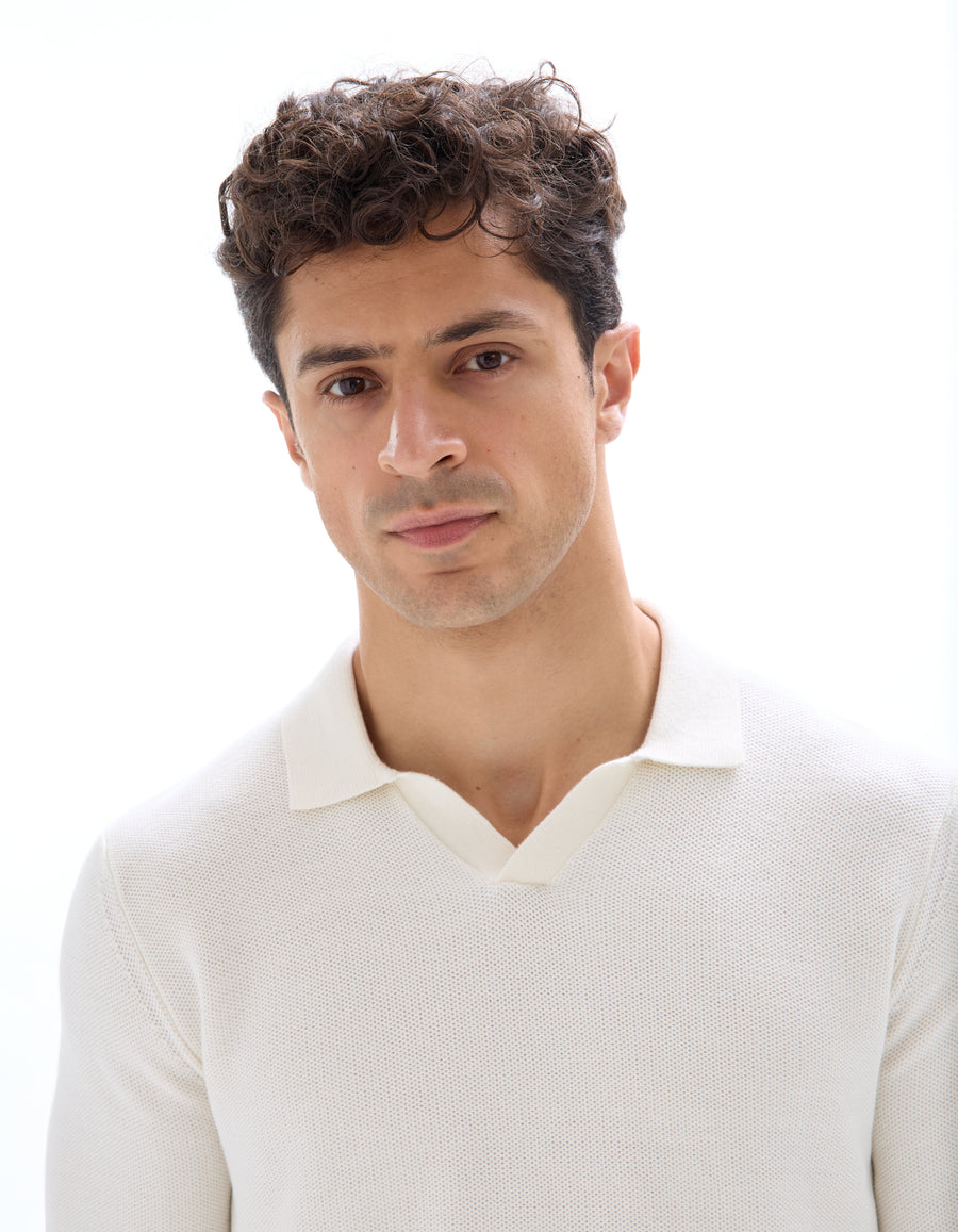 Regular Fit 100% Cotton Polo Collar Sweater - Off White