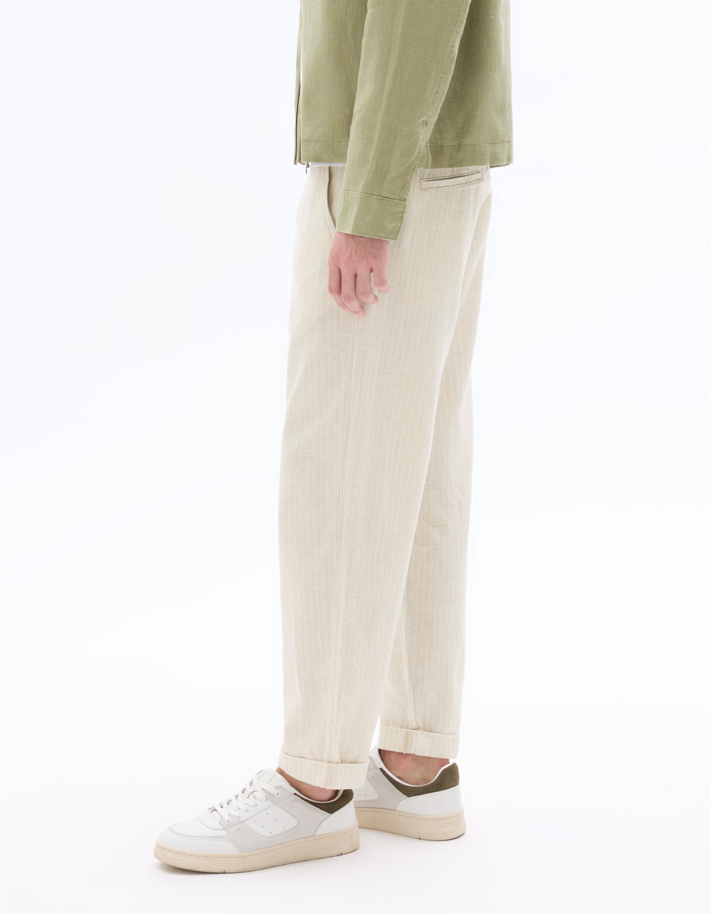 Celio Stripe Straight Fit Cotton-Linen-Blend Beige Trousers
