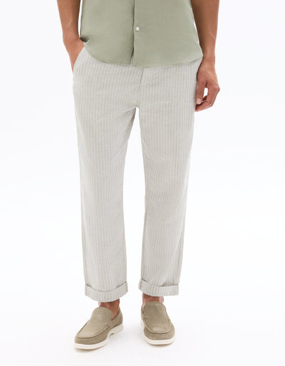Celio Stripe Straight Fit Cotton-Linen-Blend Green Trousers