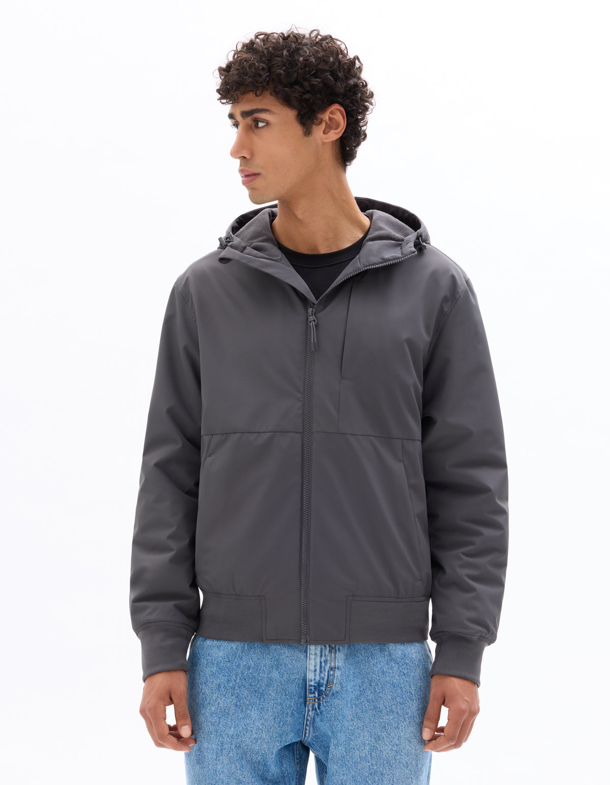 Regular Fit 100% Polyester Solid Hooded Jackets - Grey