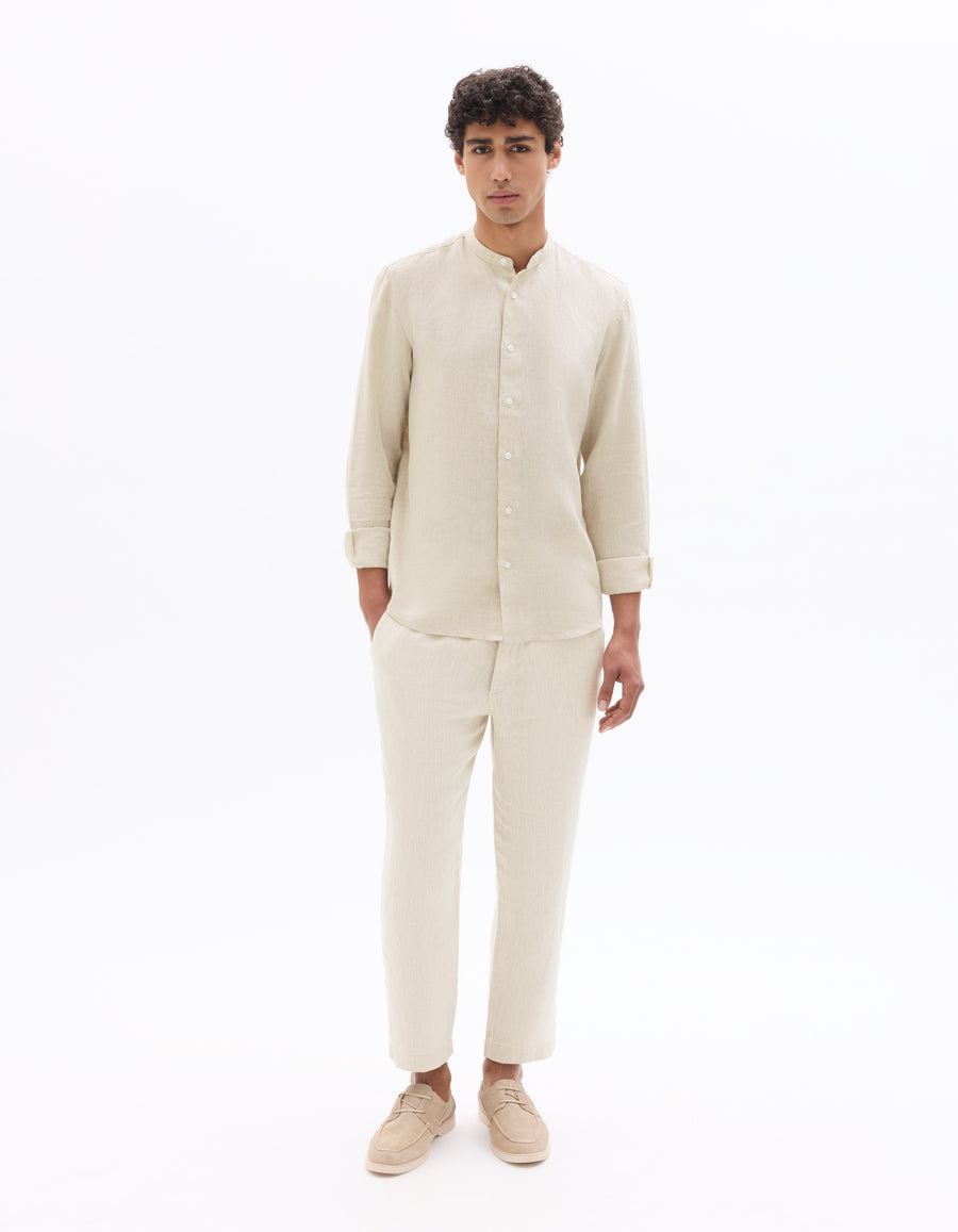 Straight Fit 100% Linen Solid Trousers - Natural