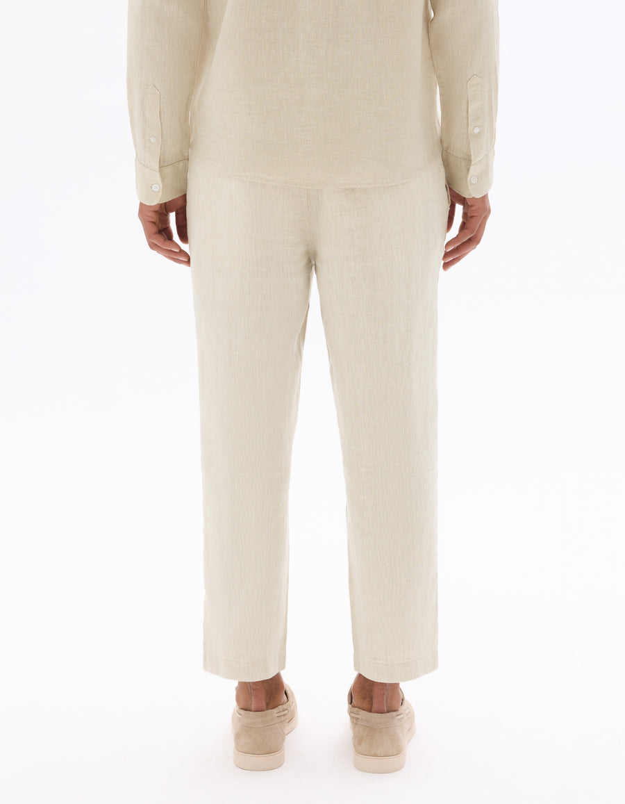 Straight Fit 100% Linen Solid Trousers - Natural