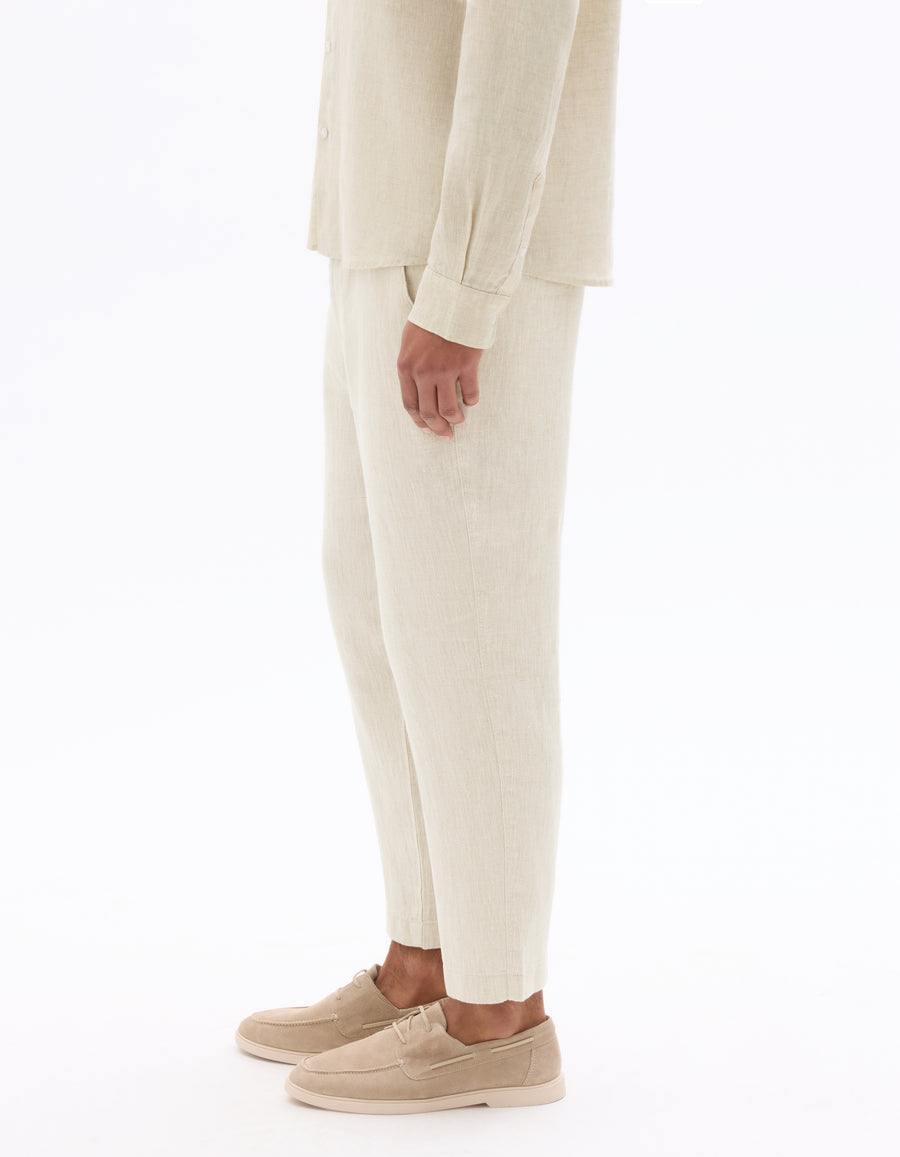 Straight Fit 100% Linen Solid Trousers - Natural