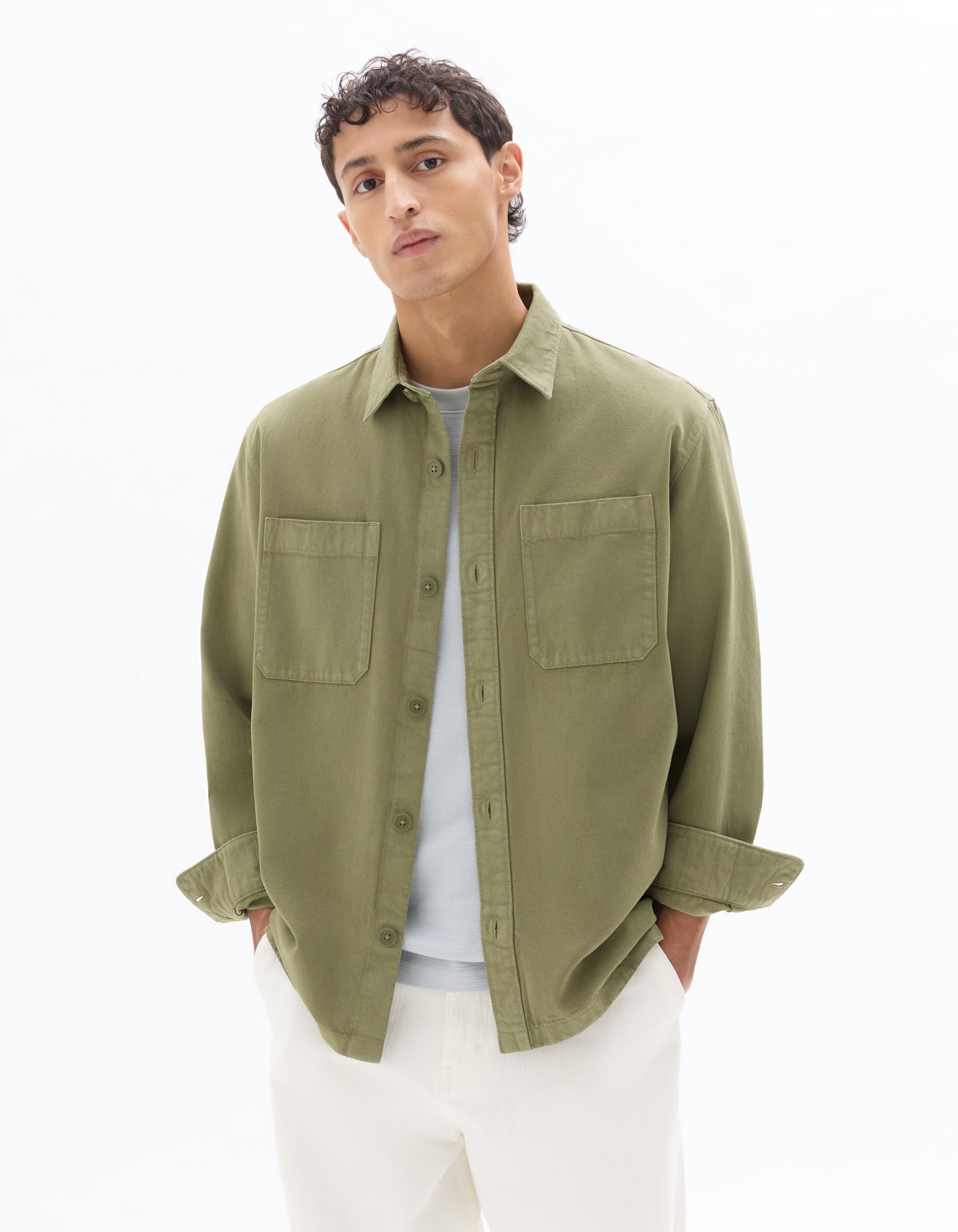 Celio* Solid Overshirt Men Cotton Olive Shirts