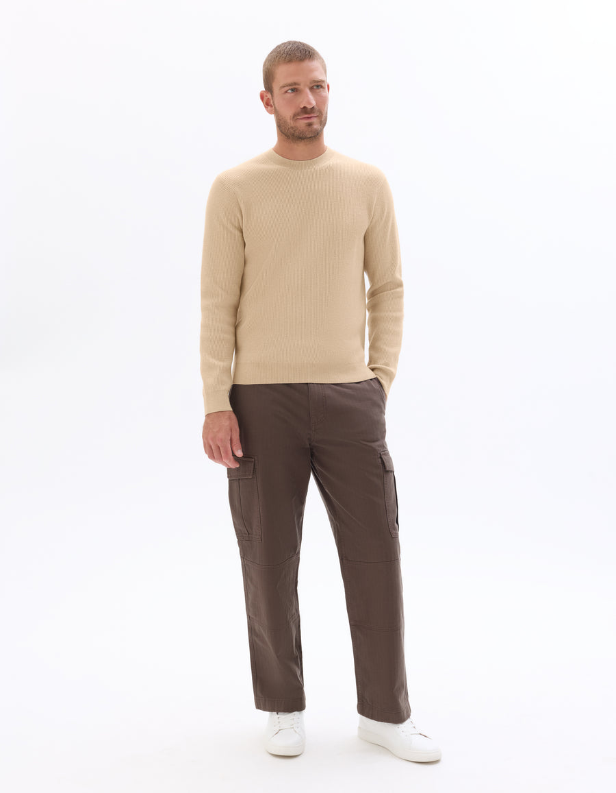 Regular Fit Poly-Cotton Textured Crew Neck Sweaters - Beige