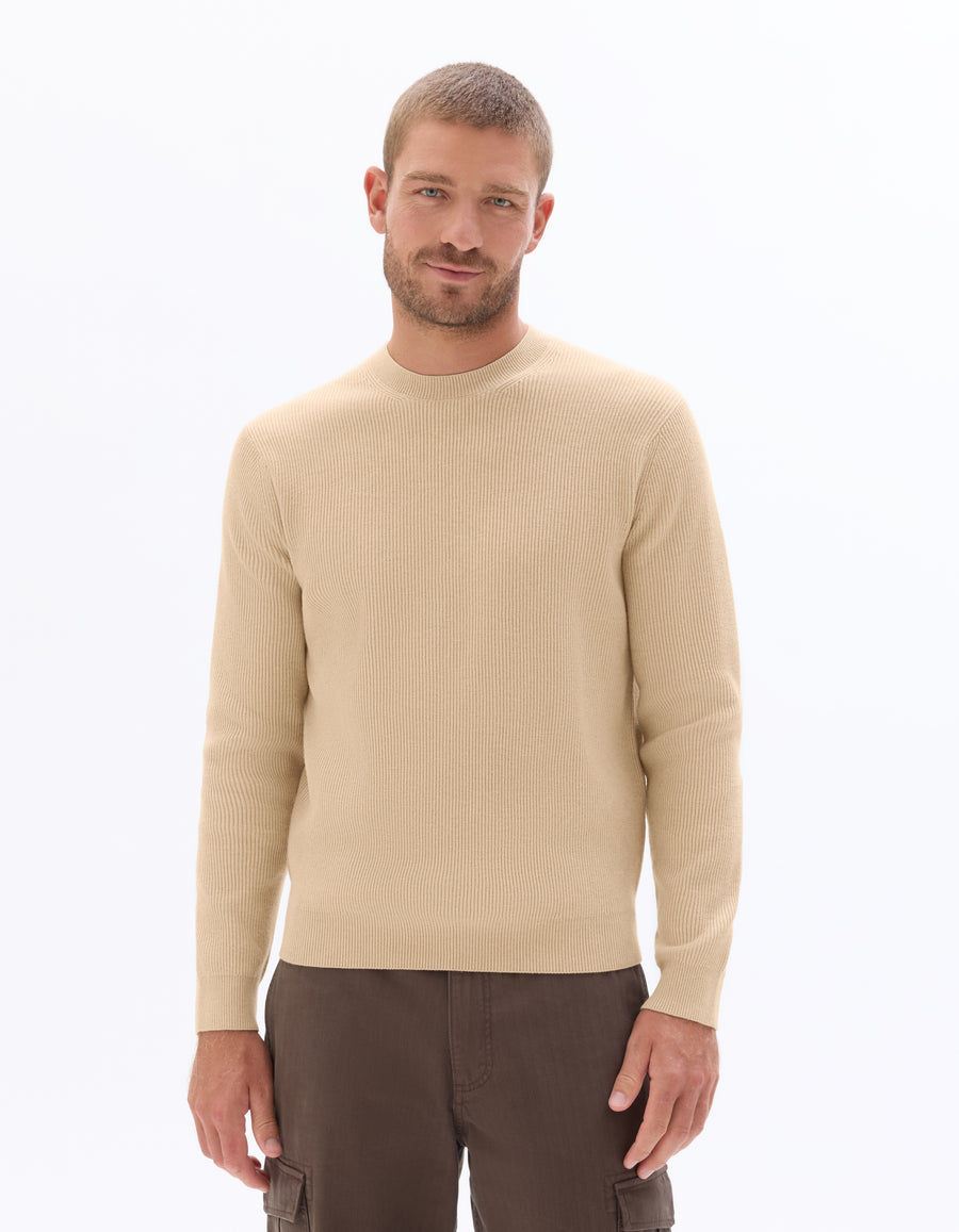 Regular Fit Poly-Cotton Textured Crew Neck Sweaters - Beige
