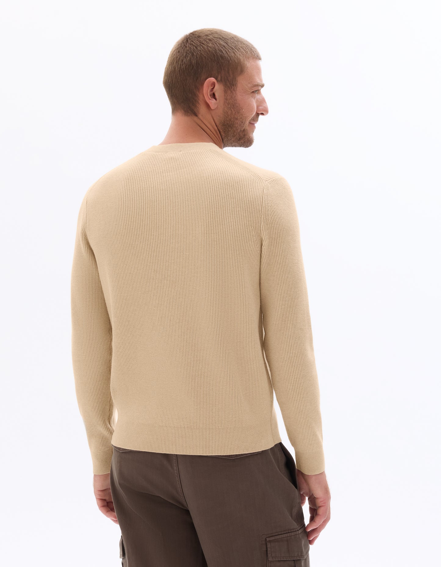 Regular Fit Poly-Cotton Textured Crew Neck Sweaters - Beige