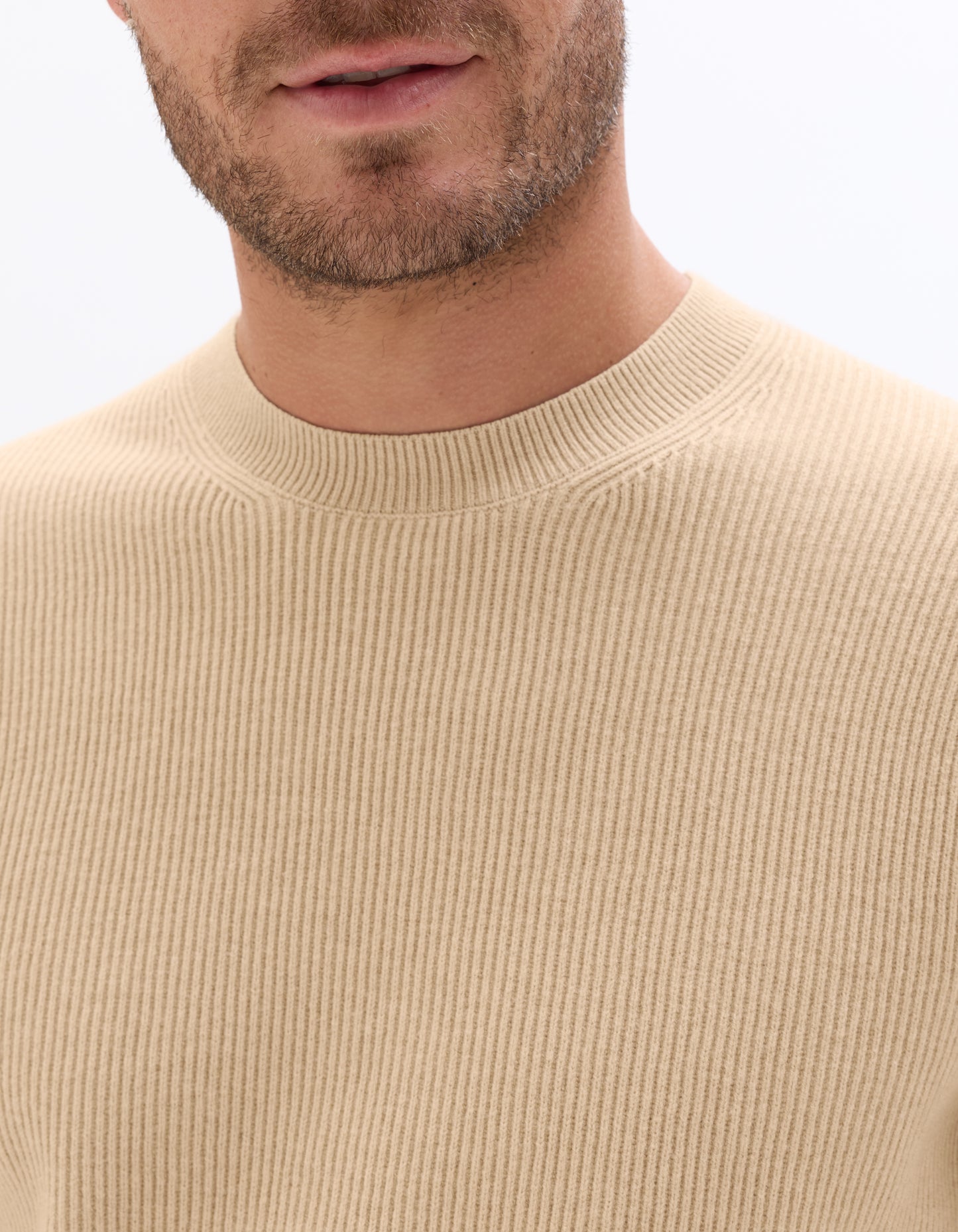 Regular Fit Poly-Cotton Textured Crew Neck Sweaters - Beige