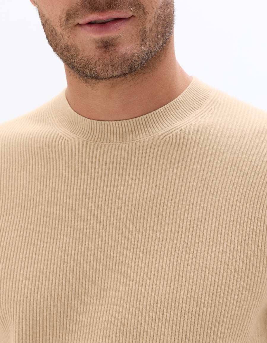 Regular Fit Poly-Cotton Textured Crew Neck Sweaters - Beige