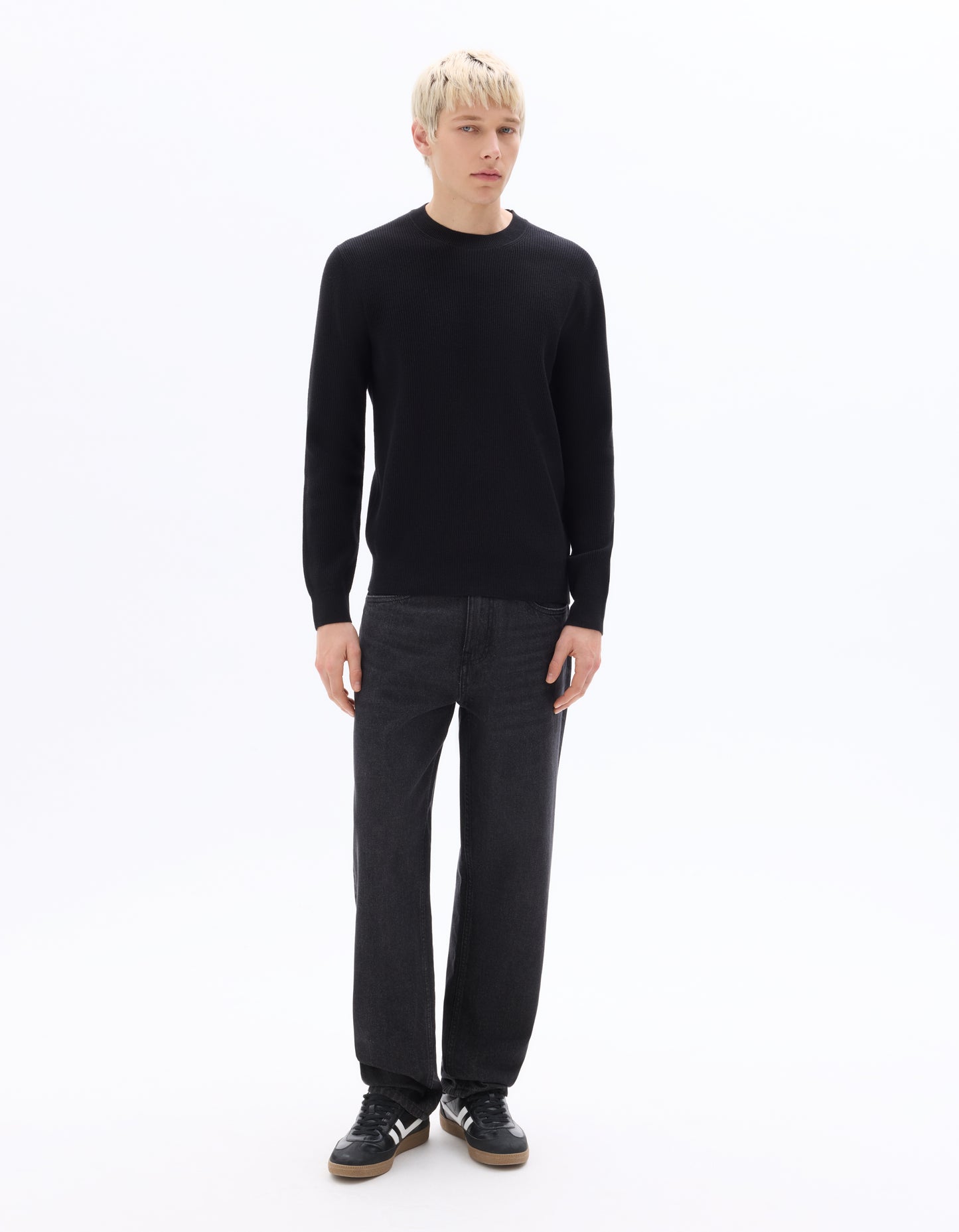 Regular Fit Poly-Cotton Textured Crew Neck Sweaters - Black