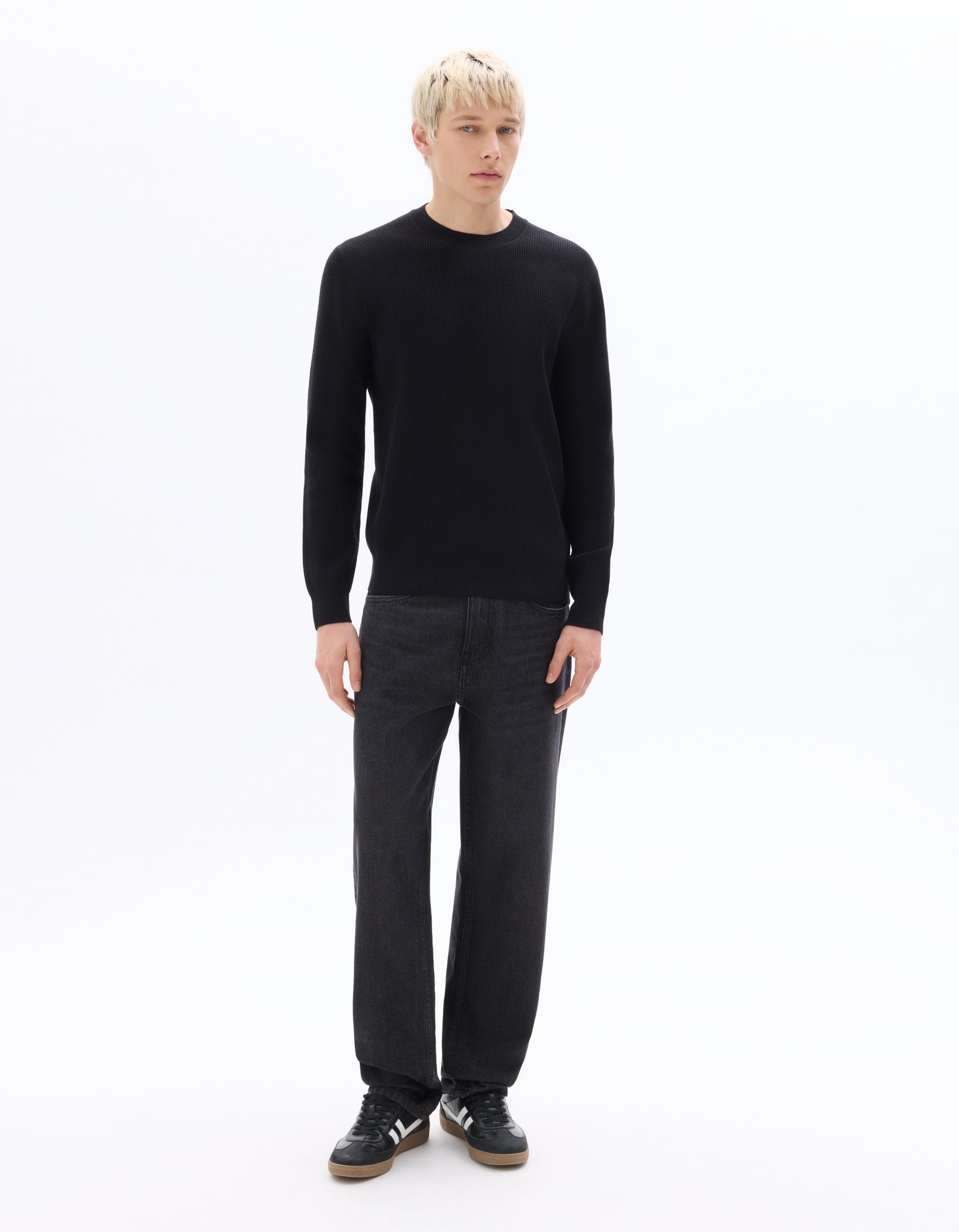 Regular Fit Poly-Cotton Textured Crew Neck Sweaters - Black