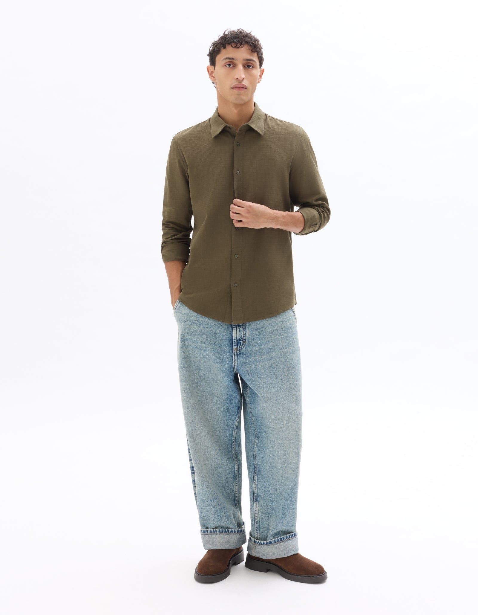 Celio* Cotton Men Solid Olive Regular Fit Shirts