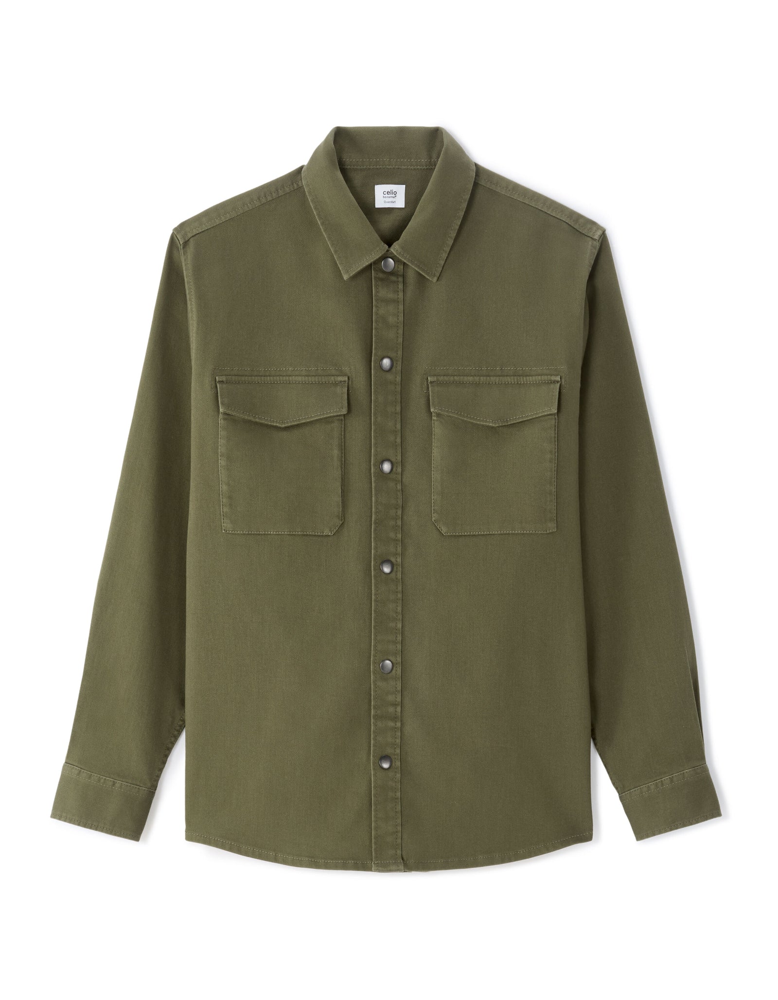Cotton Blend Solid French Collar Overshirt - Khaki