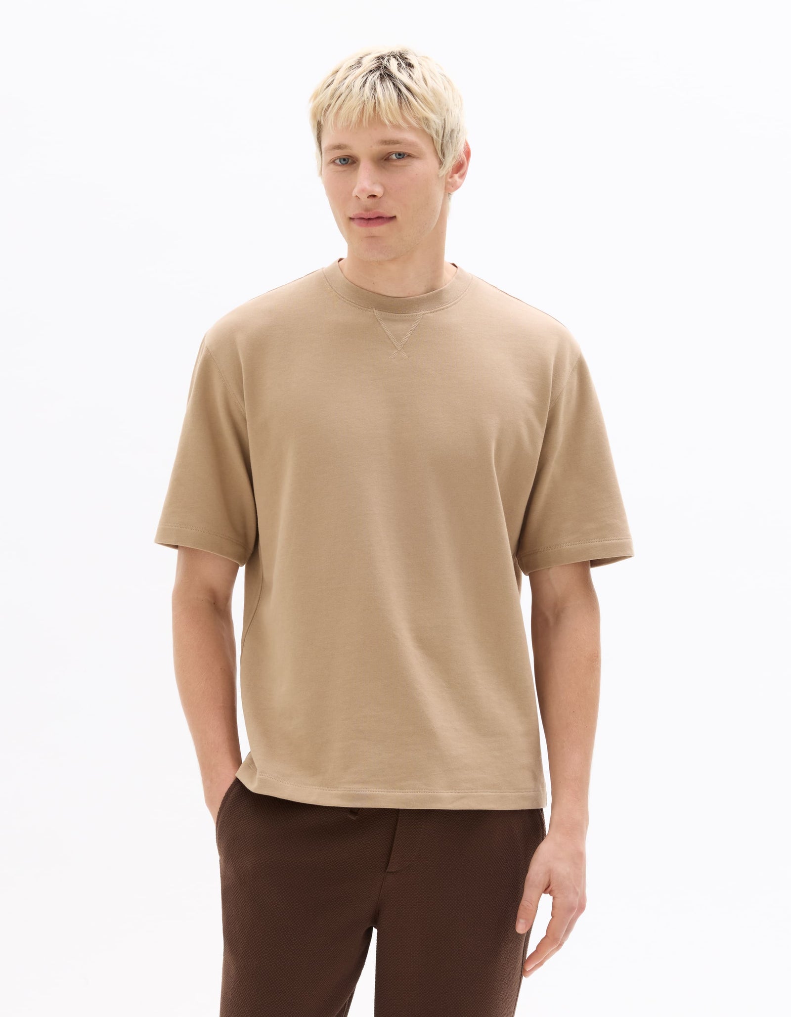 Celio Solid Oversized Cotton Beige Tshirts