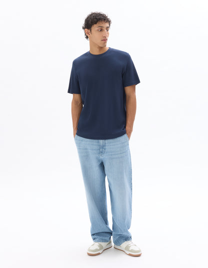 Celio Solid Boxy Fit Cotton Navy Tshirts