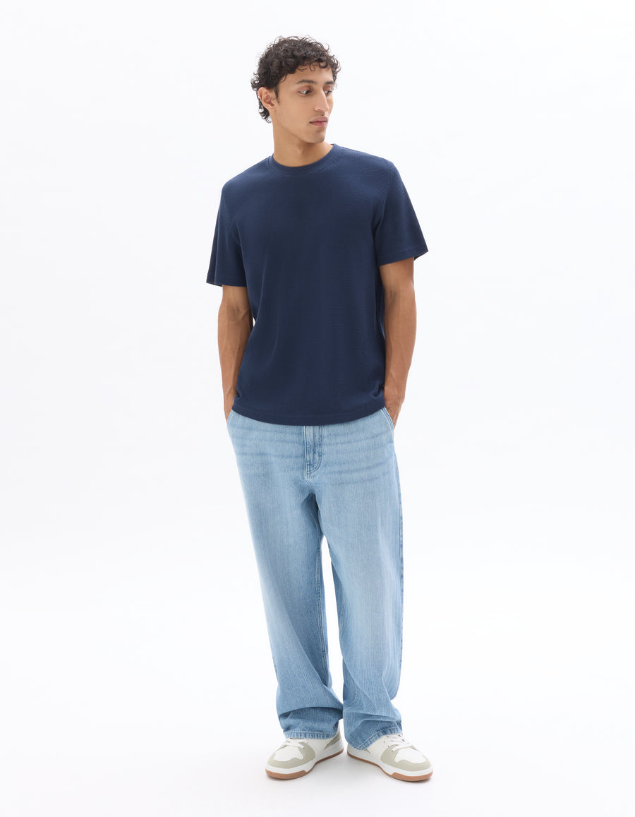 Celio Solid Boxy Fit Cotton Navy Tshirts