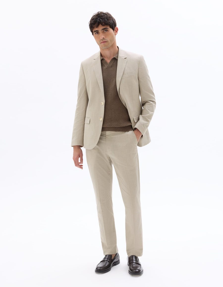 Slim Fit Cotton Linen Checked Formal Trousers - Light Beige