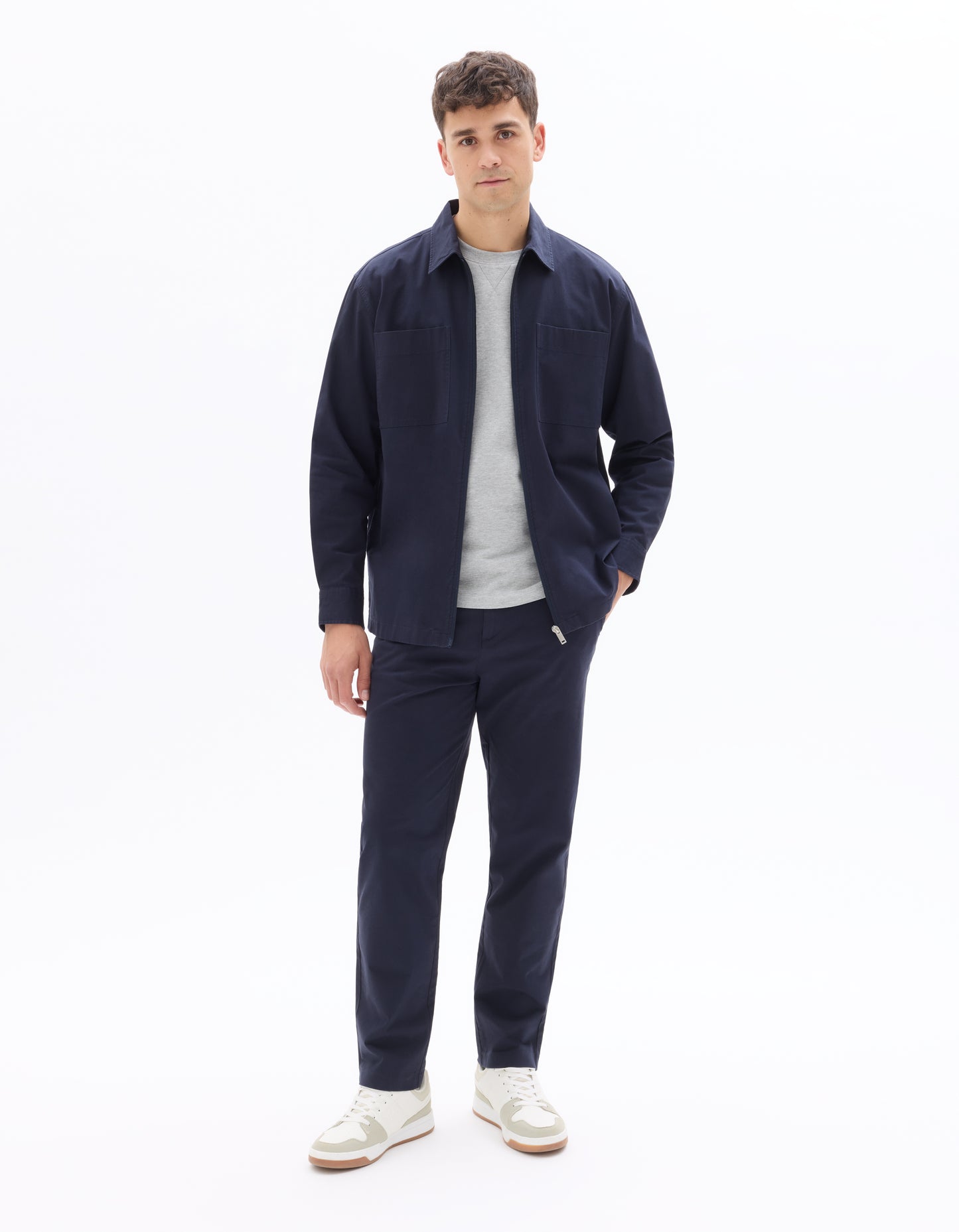 Oversized Fit Stretch Cotton Spread Collar Jacket - Navy Blue