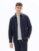 Oversized Fit Stretch Cotton Spread Collar Jacket - Navy Blue
