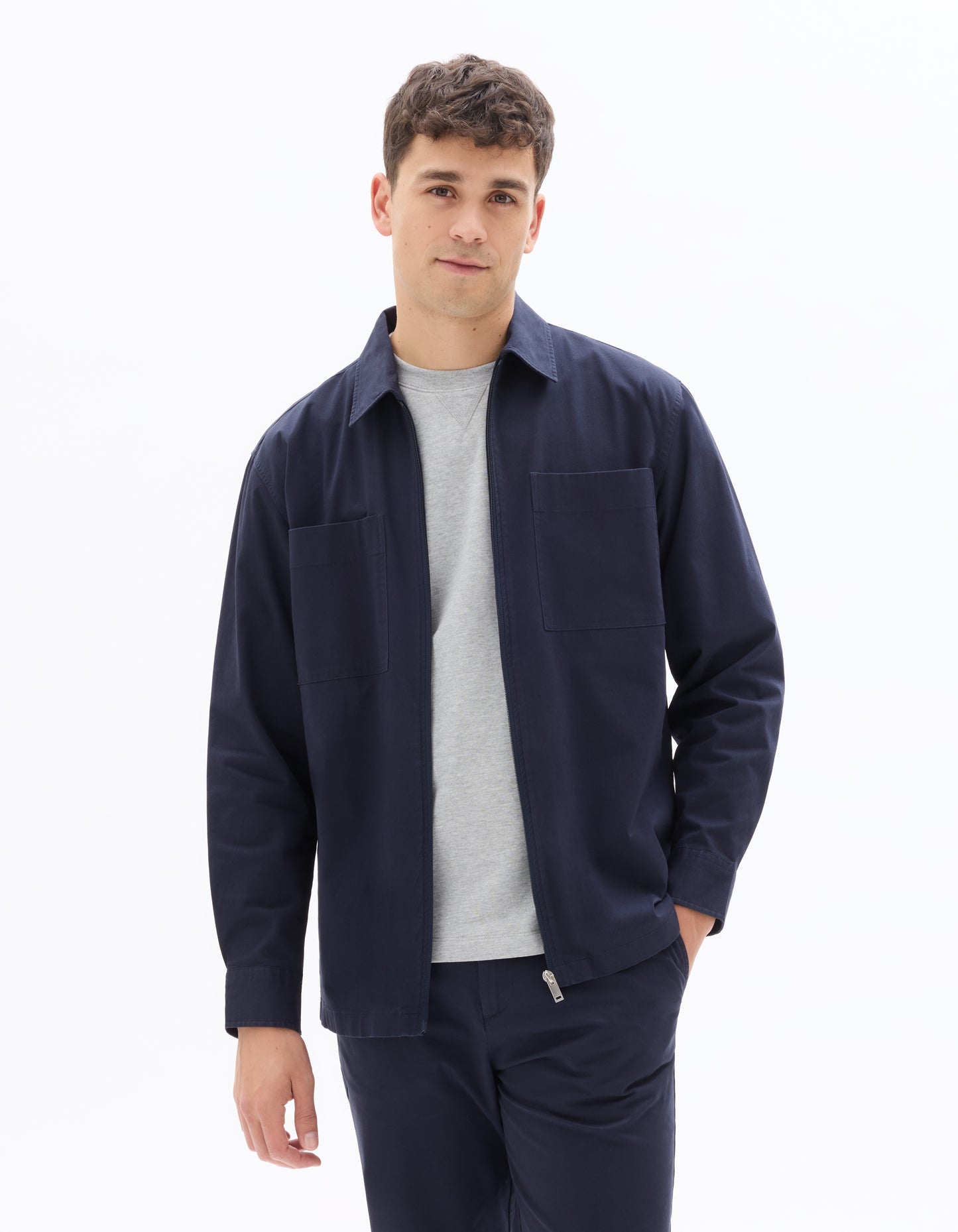 Oversized Fit Stretch Cotton Spread Collar Jacket - Navy Blue