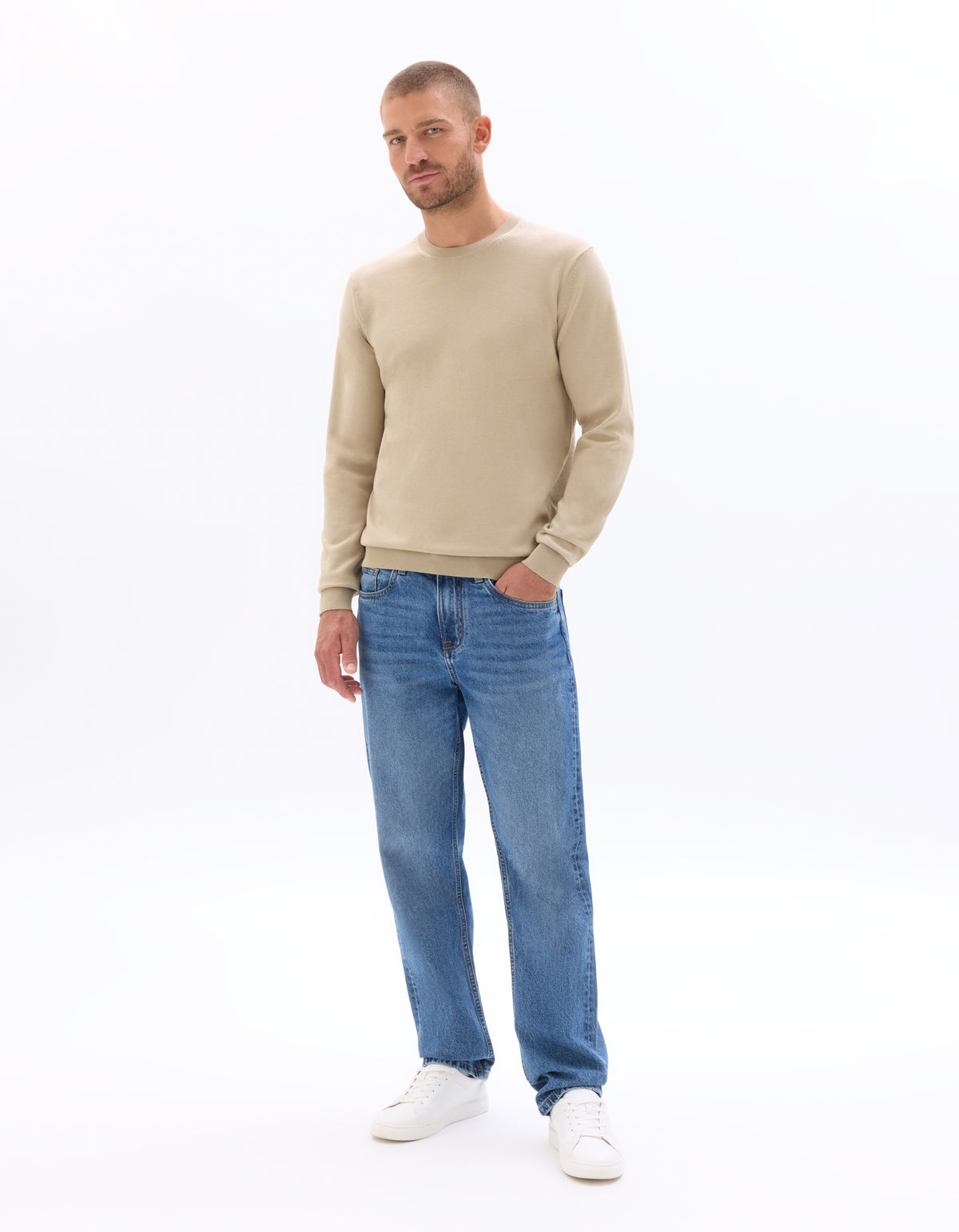 Regular Fit Poly Viscose Solid Crew Neck Sweaters - Beige