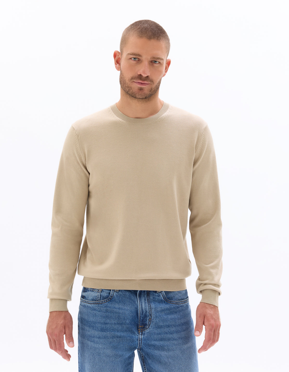 Regular Fit Poly Viscose Solid Crew Neck Sweaters - Beige