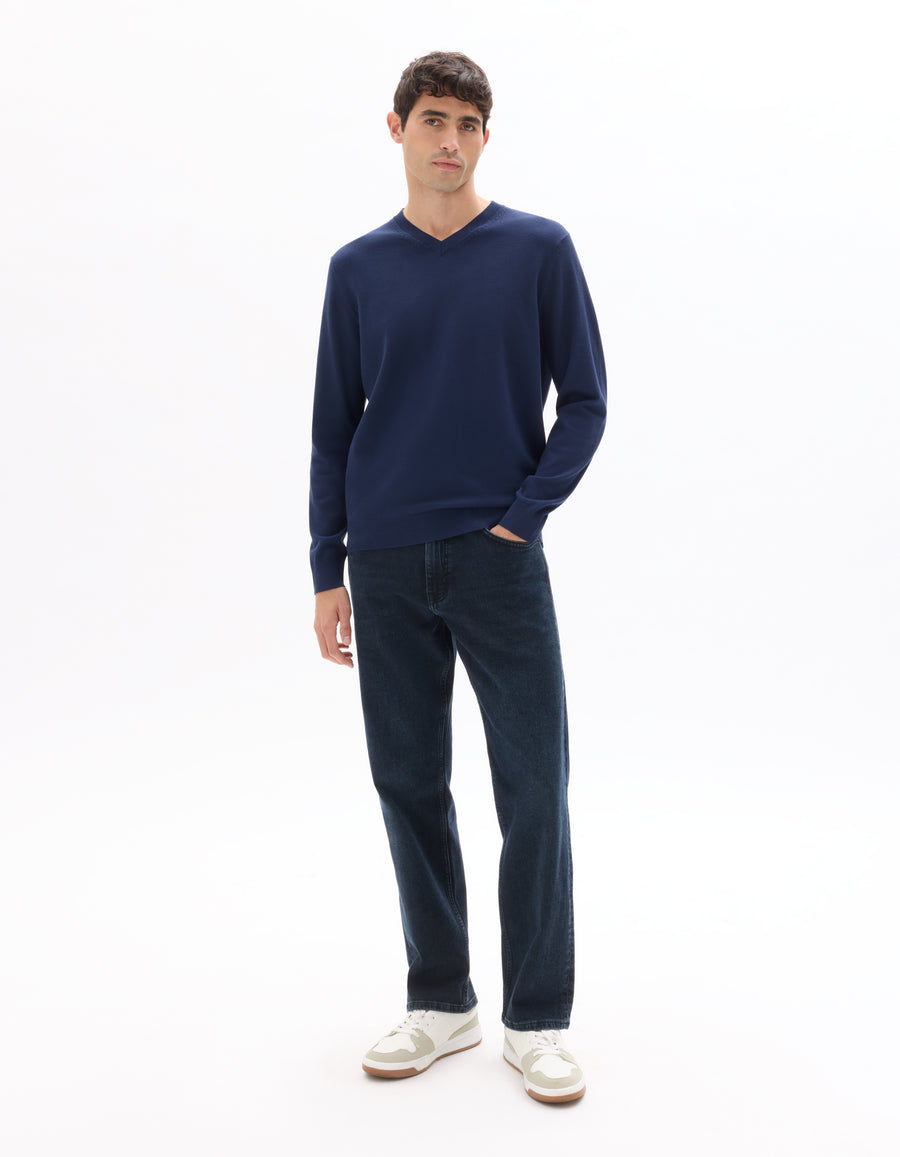 Regular Fit Poly Viscose Solid V Neck Sweaters - Navy Blue