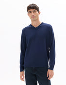 Regular Fit Poly Viscose Solid V Neck Sweaters - Navy Blue
