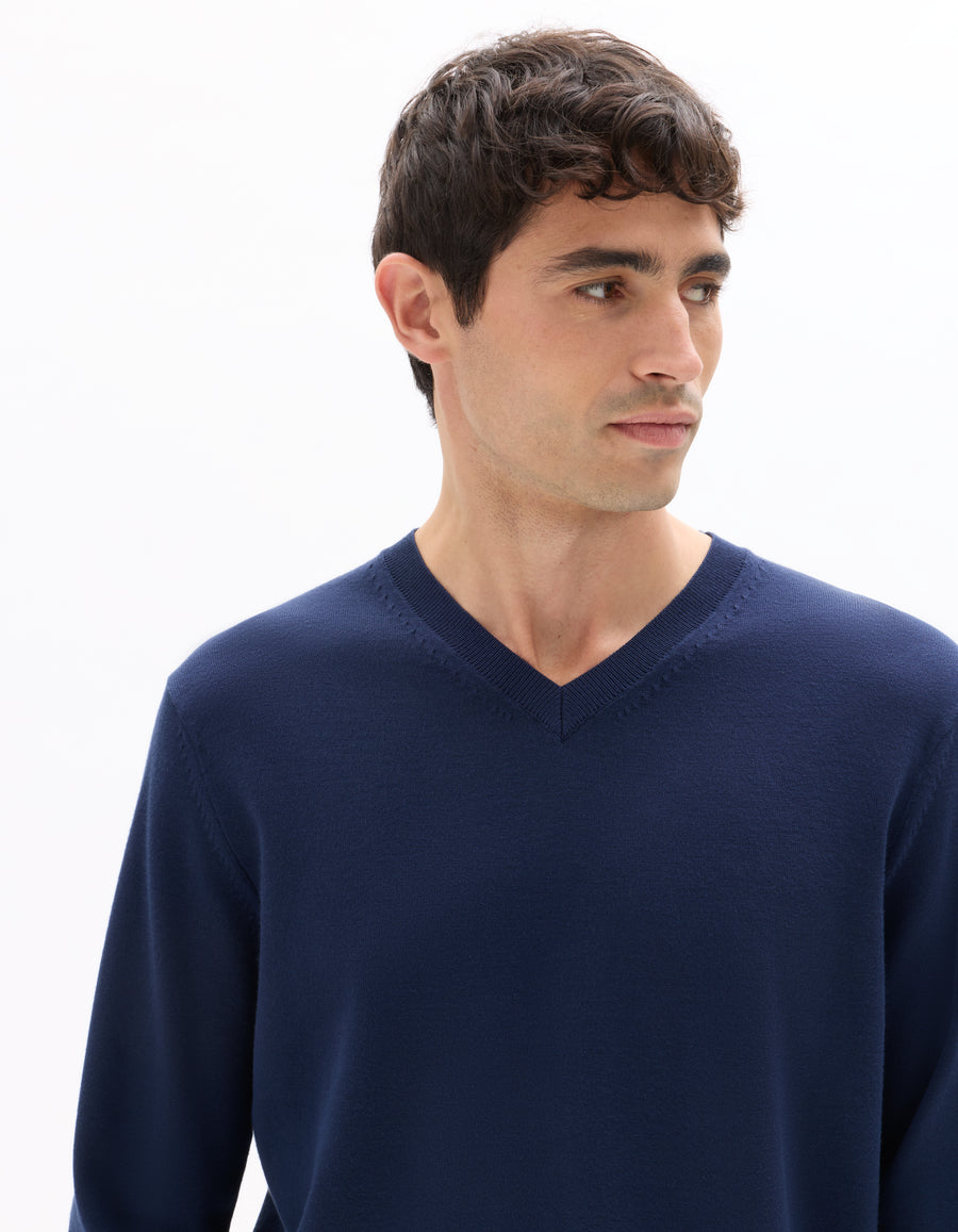 Regular Fit Poly Viscose Solid V Neck Sweaters - Navy Blue