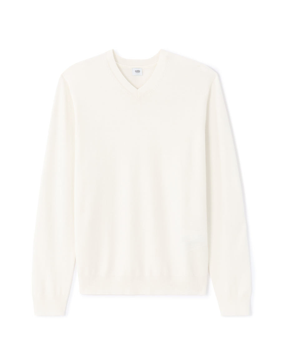 Regular Fit Poly Viscose Solid V Neck Sweaters - Off White