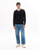 Regular Fit Poly Viscose Solid V Neck Sweaters - Black