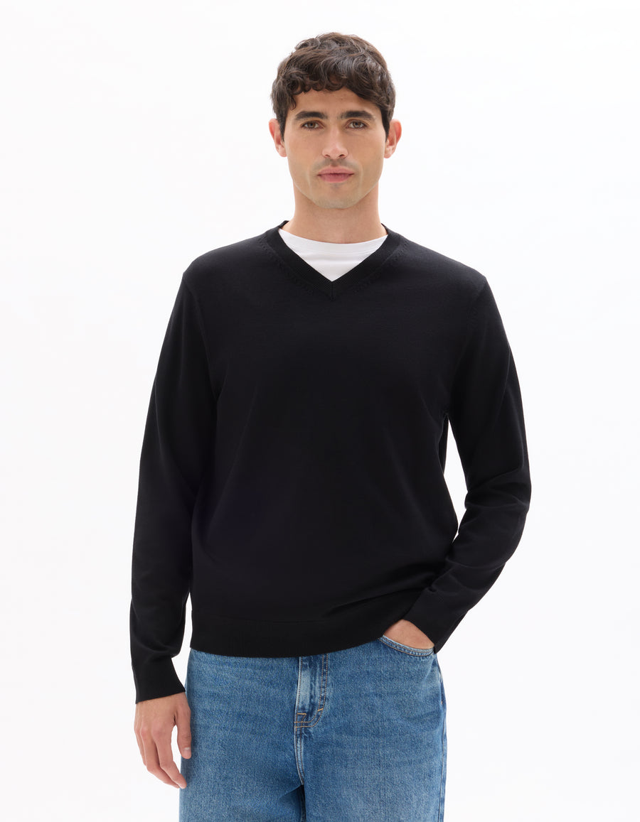 Regular Fit Poly Viscose Solid V Neck Sweaters - Black