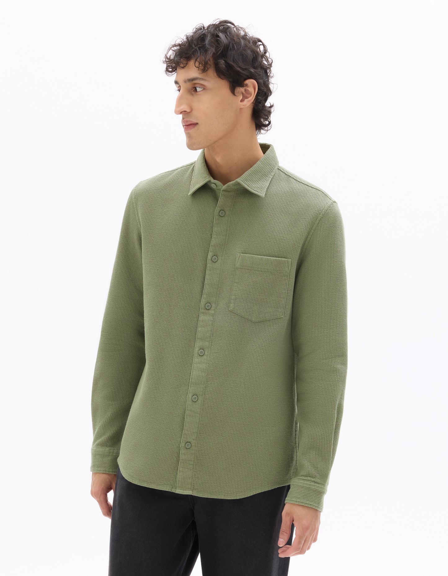 Celio Mens Olive Waffle Regular Fit Cotton Shirts