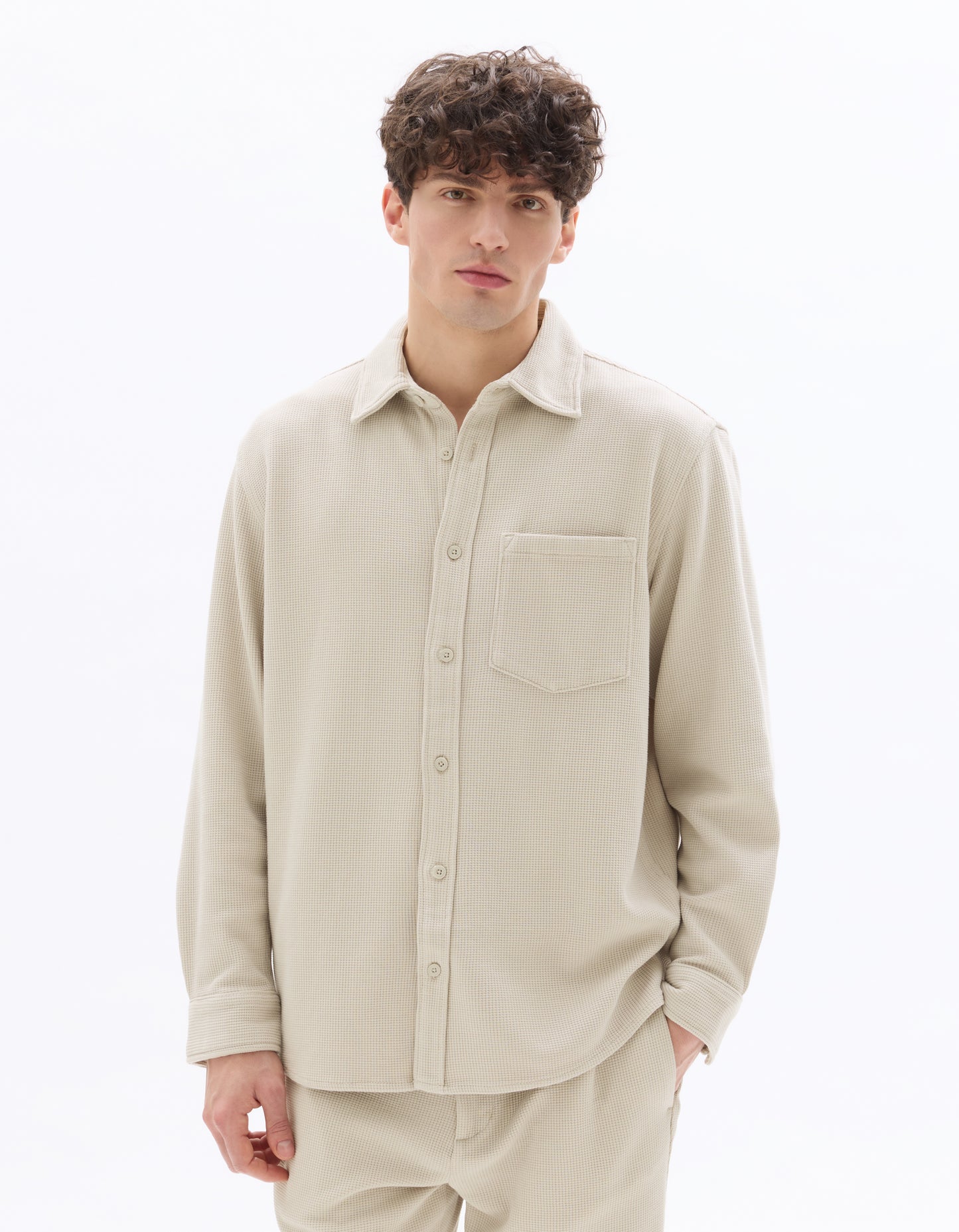 Oversized Fit Cotton Blend Spread Collar Shirt - Beige