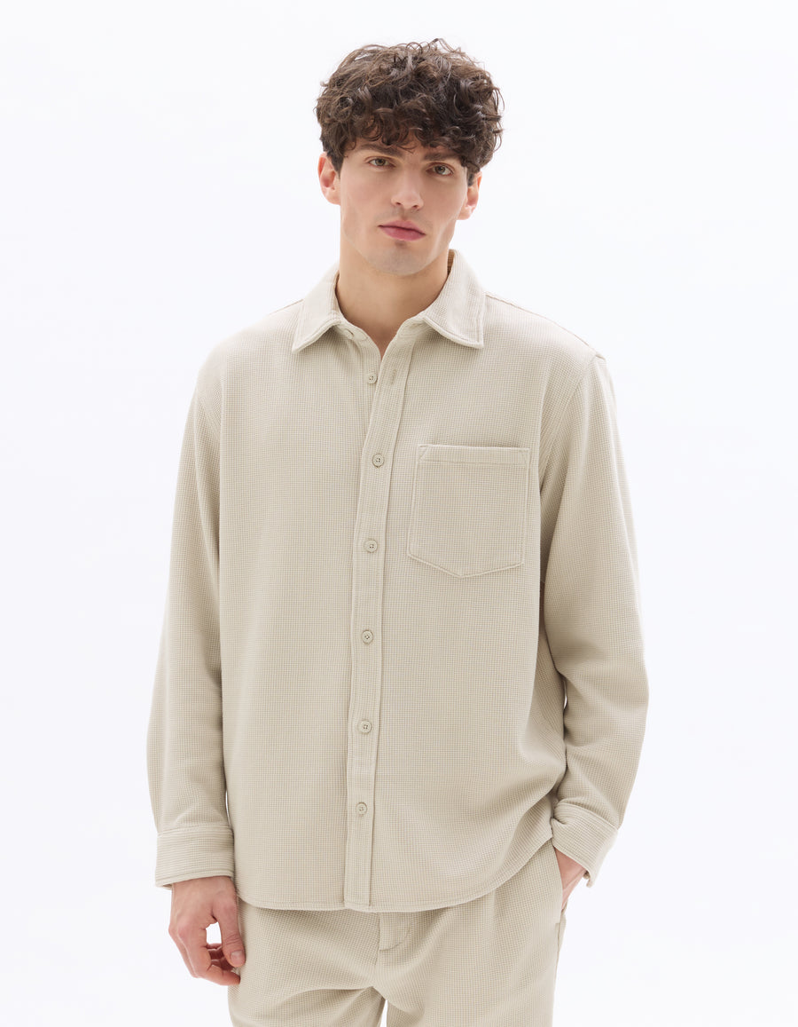 Oversized Fit Cotton Blend Spread Collar Shirt - Beige