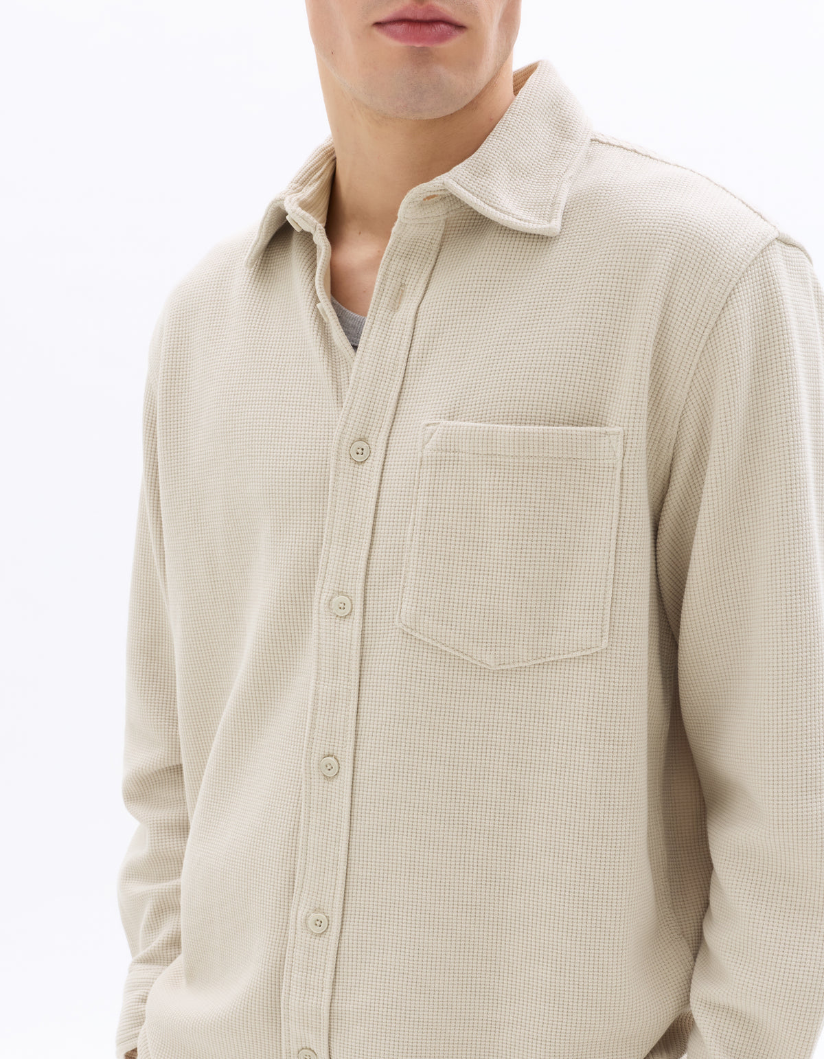 Oversized Fit Cotton Blend Spread Collar Shirt - Beige