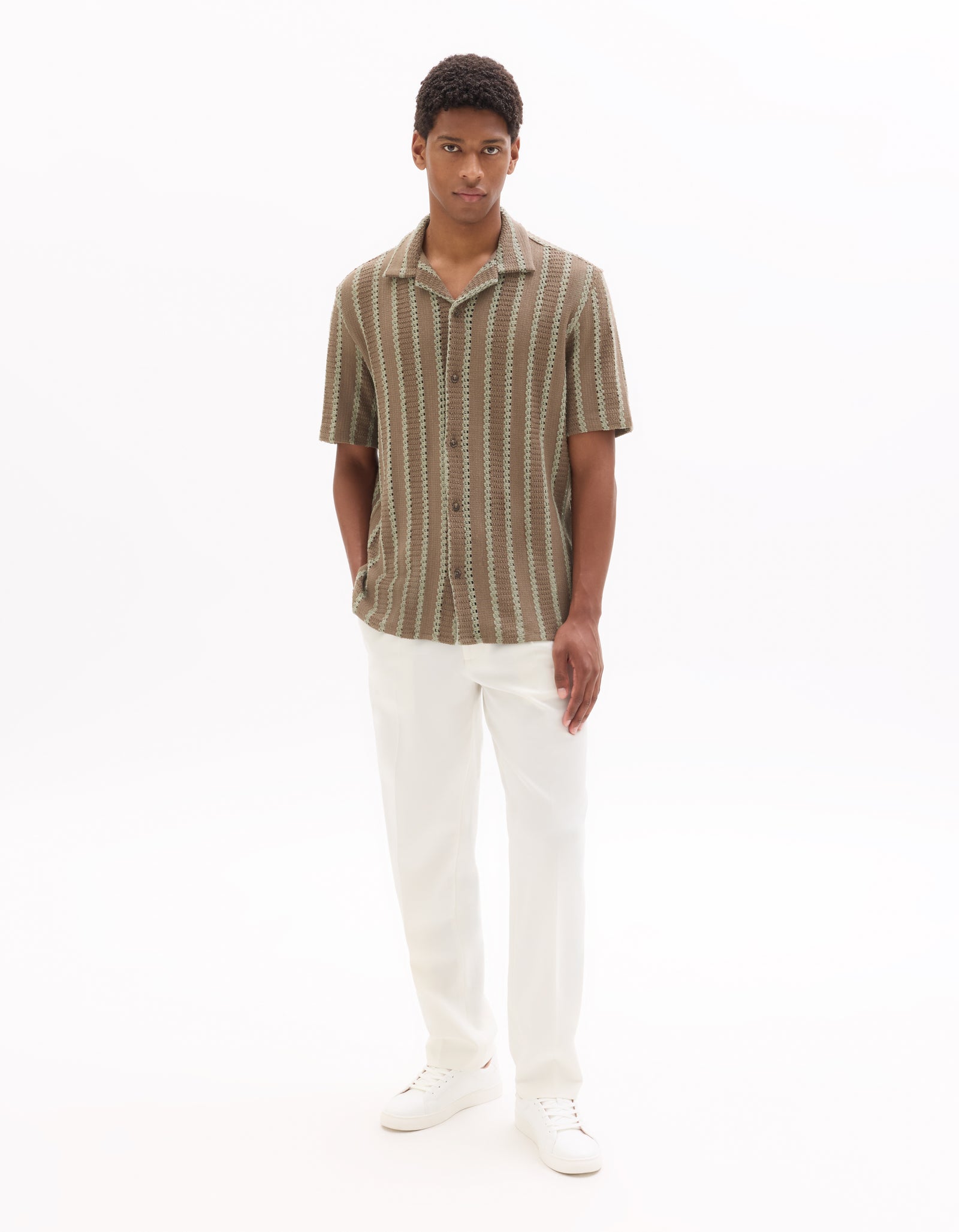 Regular Fit Poly-Cotton Cuban Collar Shirts - Brown