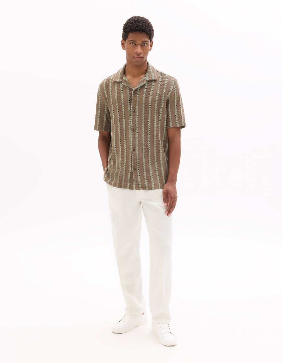 Regular Fit Poly-Cotton Cuban Collar Shirts - Brown