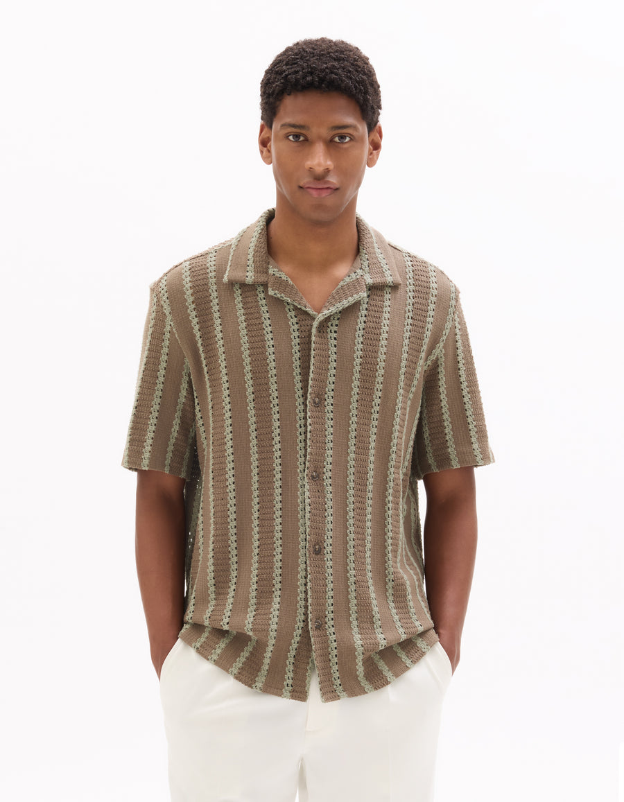 Regular Fit Poly-Cotton Cuban Collar Shirts - Brown