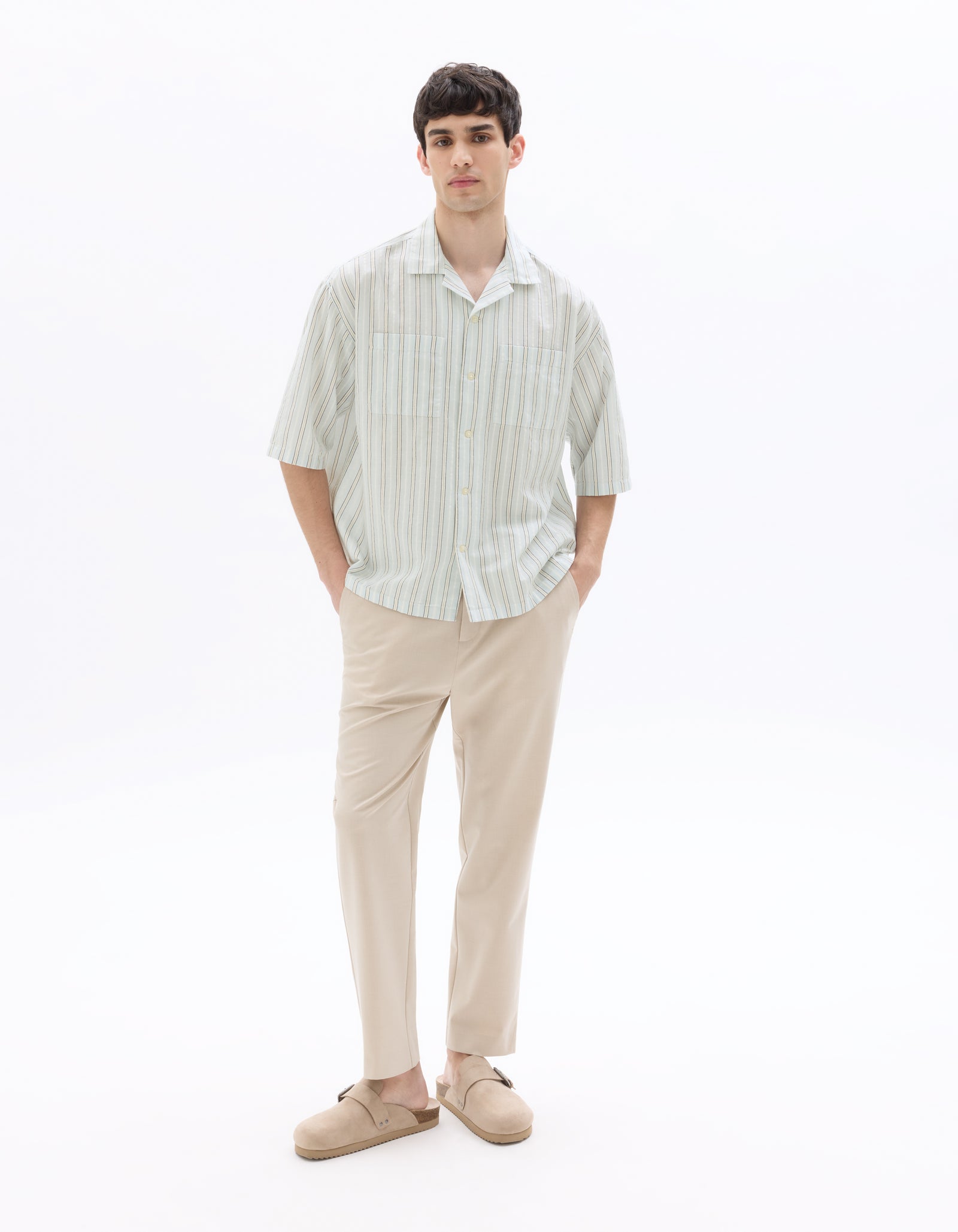 Boxy Fit Cotton Linen Striped Shirt - Blue