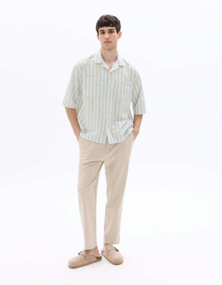 Boxy Fit Cotton Linen Striped Shirt - Blue