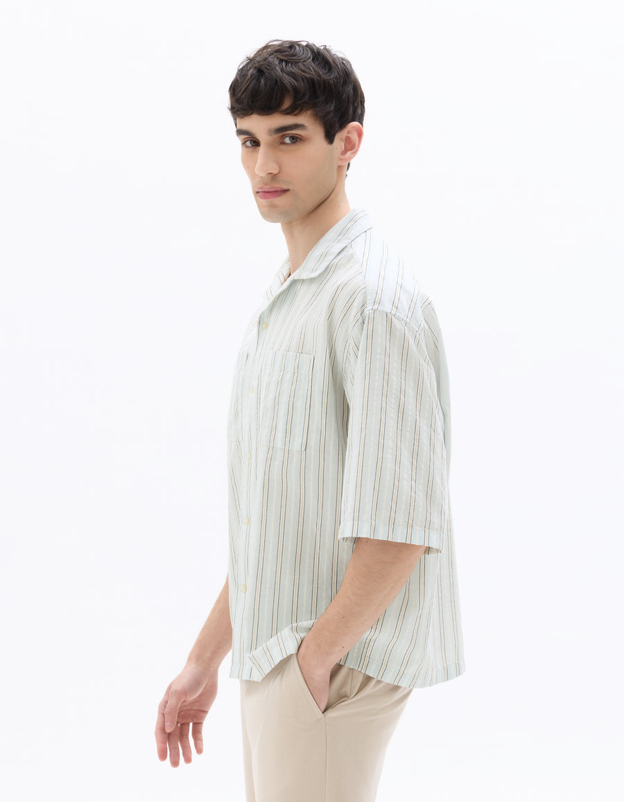 Boxy Fit Cotton Linen Striped Shirt - Blue