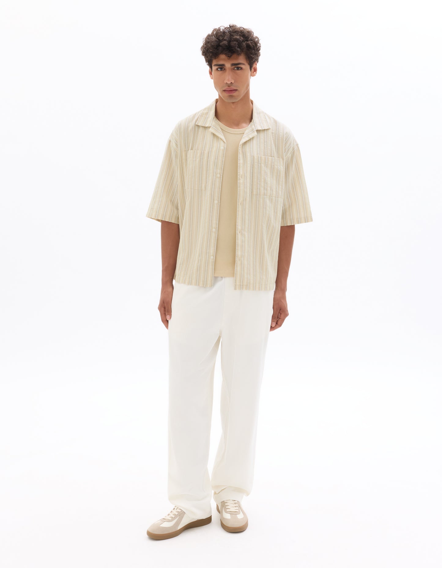 Boxy Fit Cotton Linen Striped Shirt - Beige