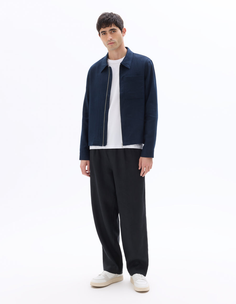 Regular Fit 100% Linen Regular Collar Jackets - Navy Blue