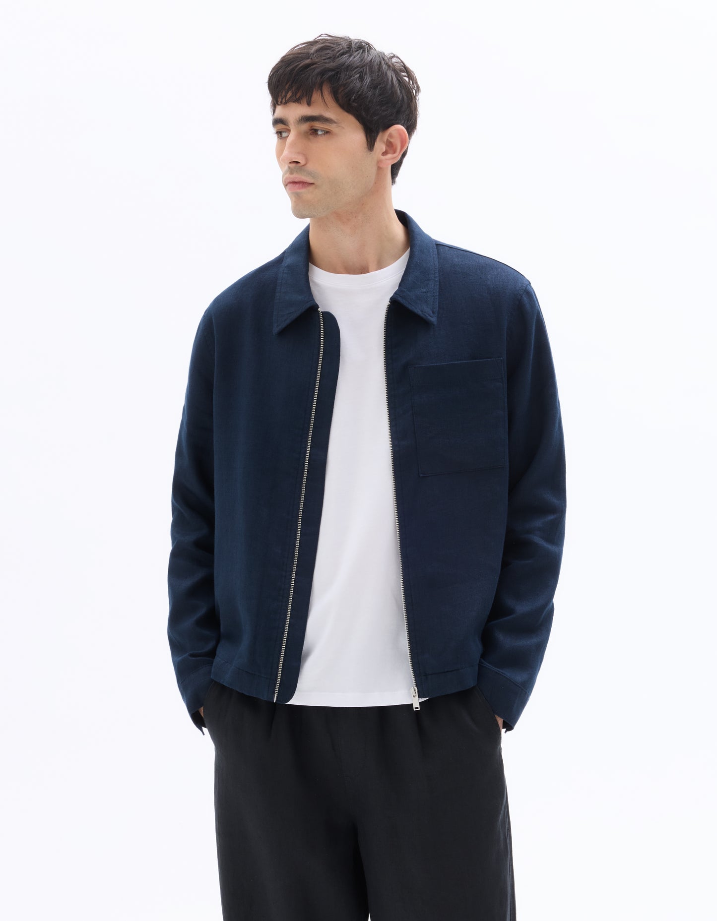 Regular Fit 100% Linen Regular Collar Jackets - Navy Blue