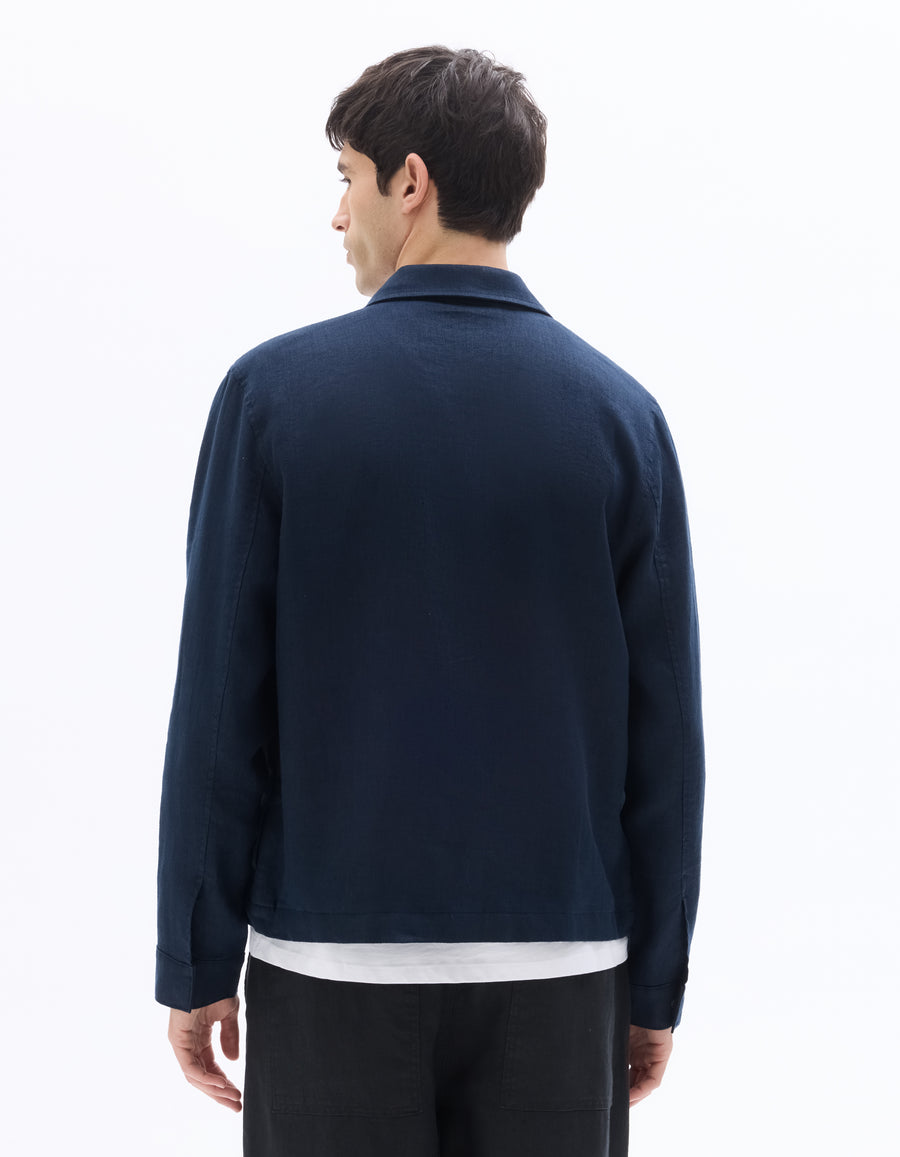 Regular Fit 100% Linen Regular Collar Jackets - Navy Blue