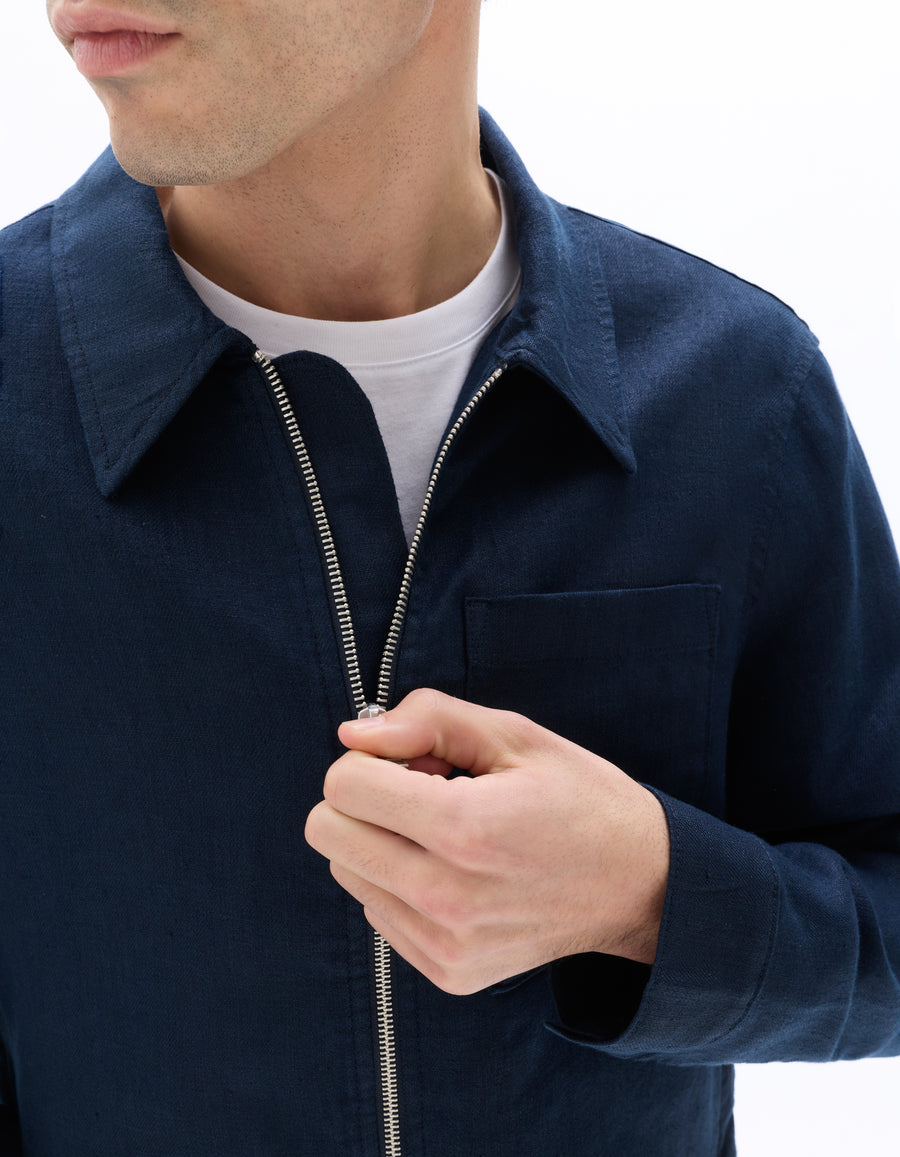 Regular Fit 100% Linen Regular Collar Jackets - Navy Blue